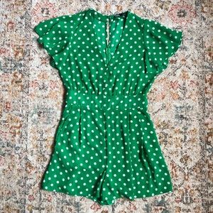 Zara | Polka Dot Frilly Short Sleeved Romper Empire Waist Sexy V-Neck Green